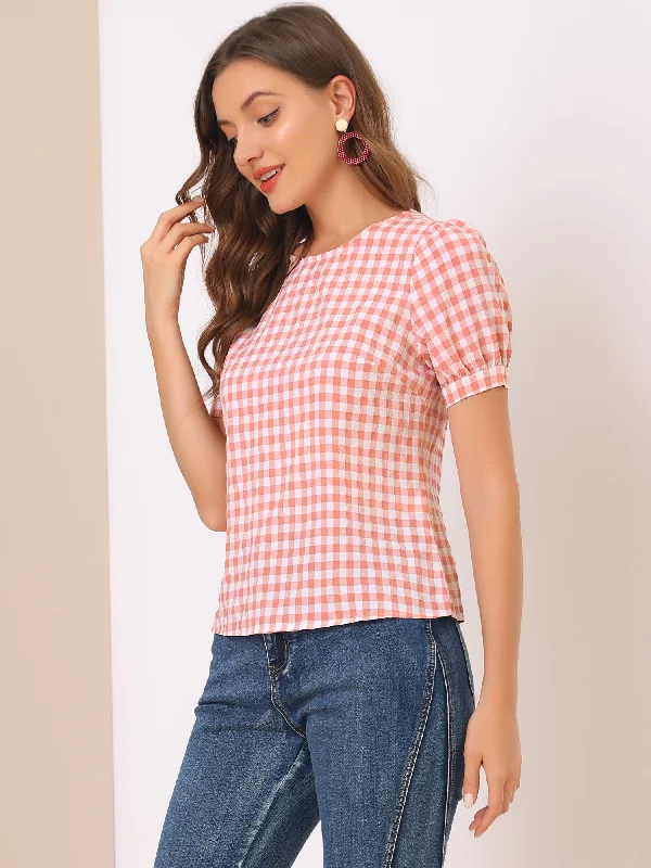 Vintage Blouse Plaid Crew Neck Puff Sleeve Casual Gingham Tops