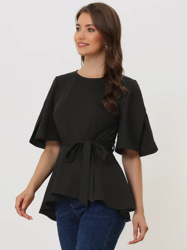 Split Half Sleeve Crew Neck Belted Knot Drap Casual Peplum Blouse