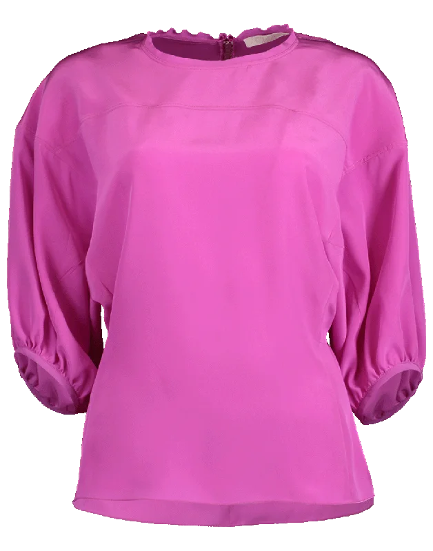 Wide Sleeve Crew Neck Silk Blouse