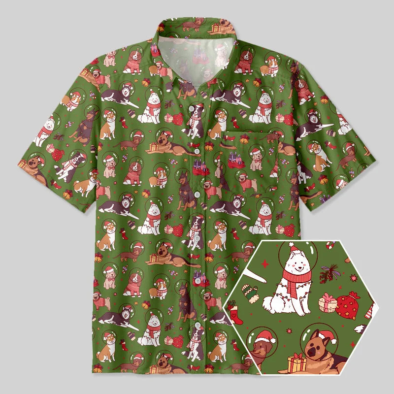 Astronaut Puppy Christmas Button Up Pocket Shirt