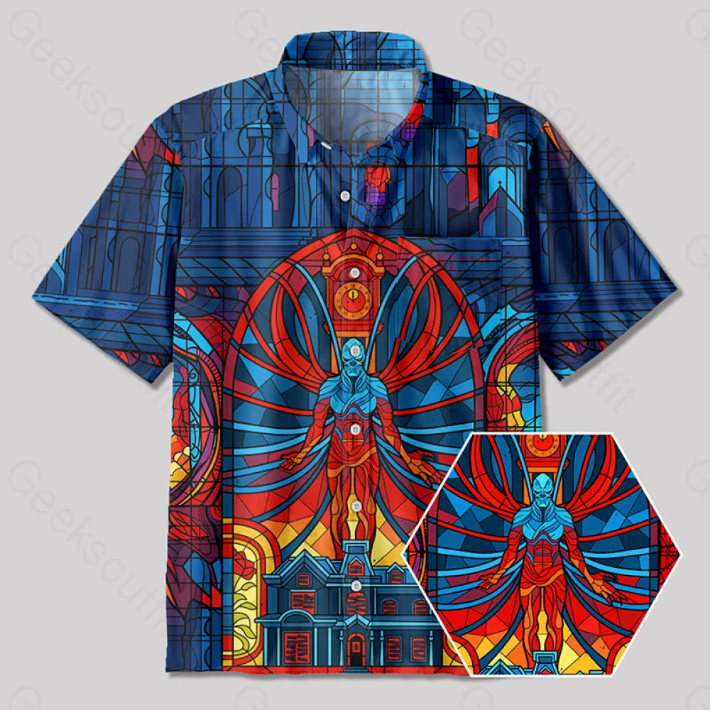 Stranger Sifi Gothic Stained Glass Window Grilles Button Up Pocket Shirt