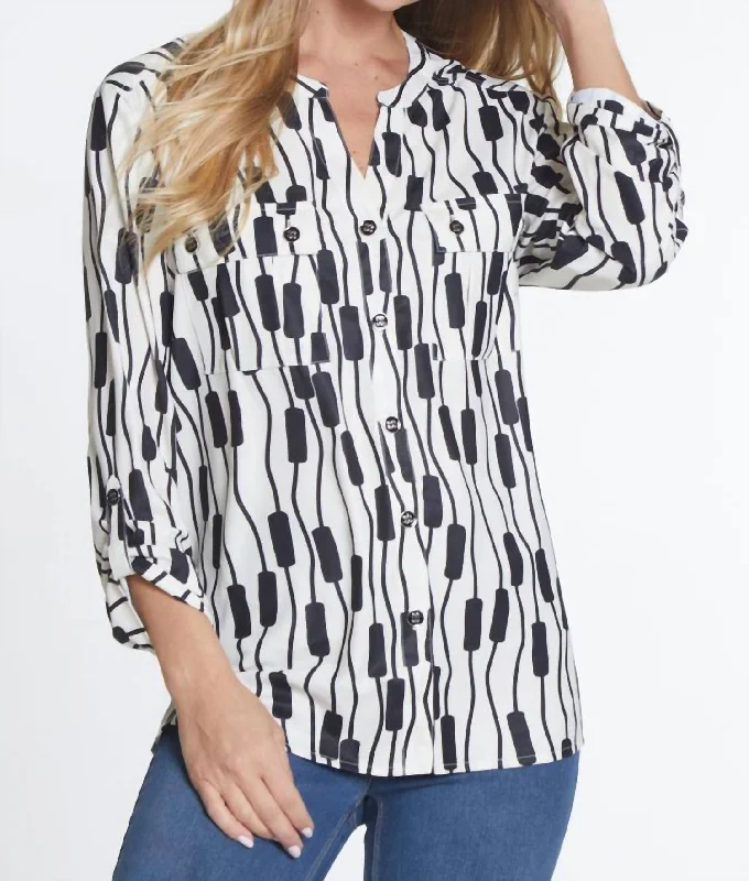 3/4 Sleeve Button Front Shirt In Black Print