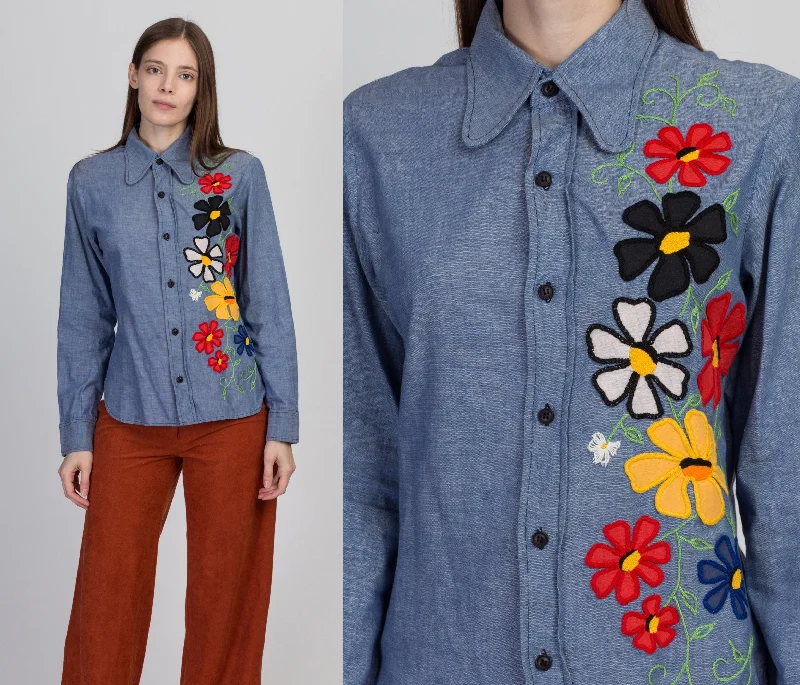 70s Boho Chambray Floral Embroidered Shirt - Medium