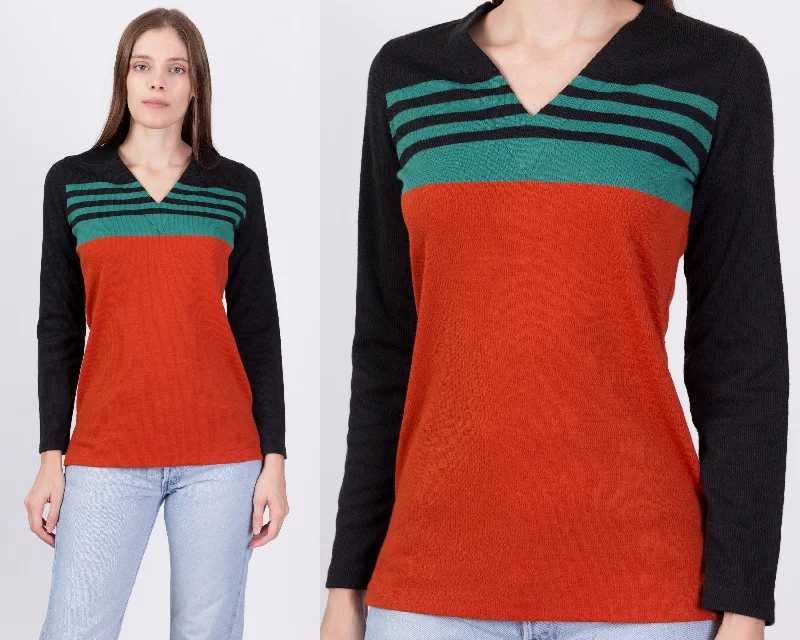 70s Color Block Striped Knit Shirt - Small