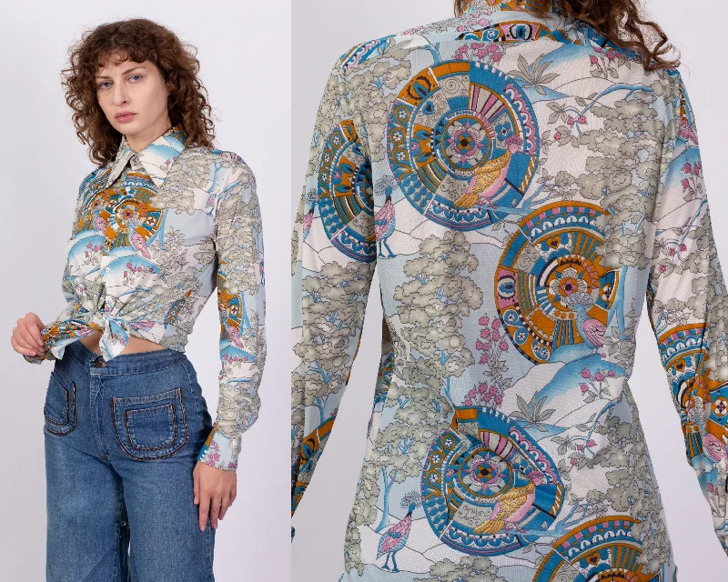 70s Psychedelic Bird Print Disco Shirt - Men's Medium