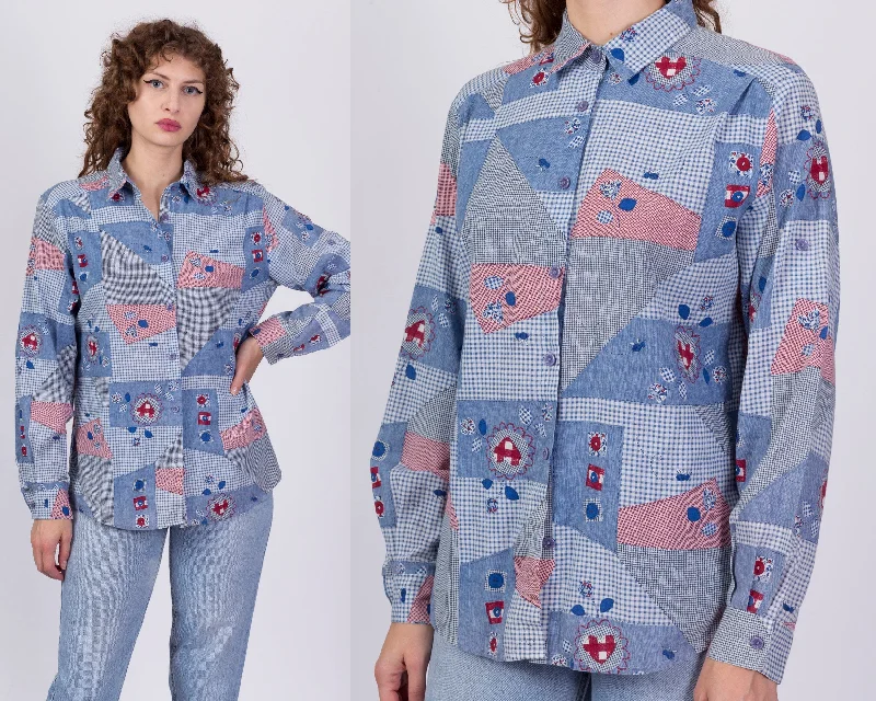 90s Does 70s Boho Chambray Patchwork Print Shirt - Large