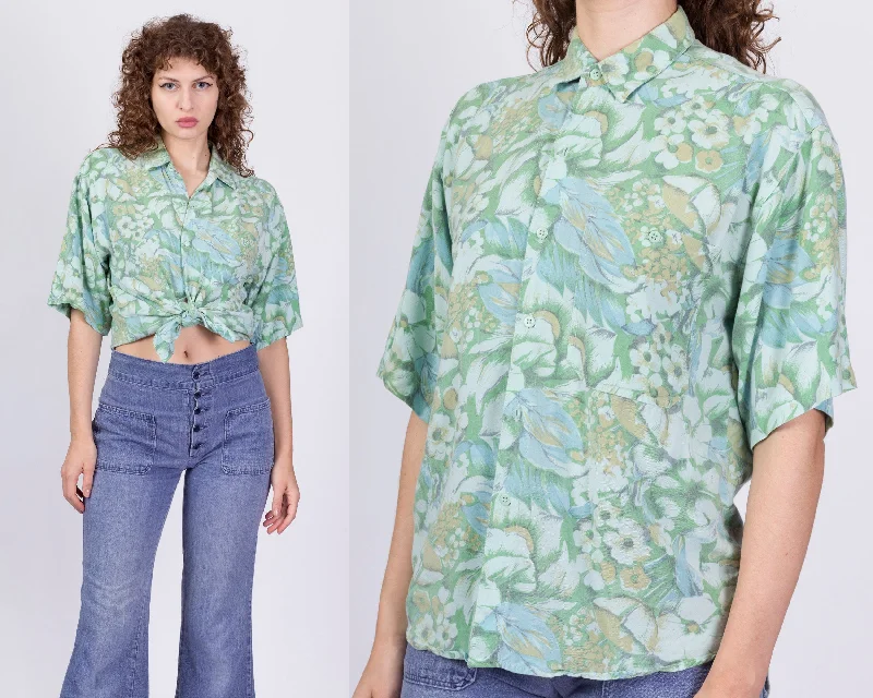 90s Green Floral Rayon Shirt - Large