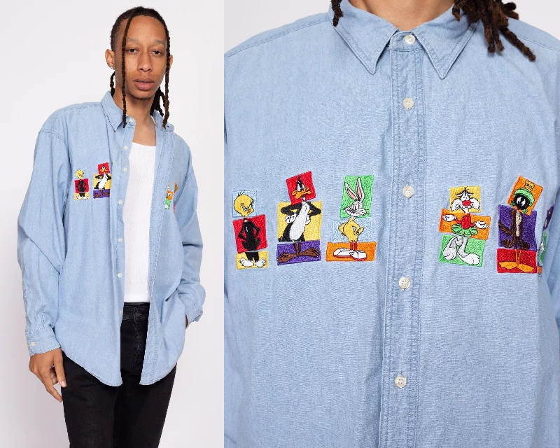 90s Looney Tunes Chambray Button Up Shirt - Men's 2X