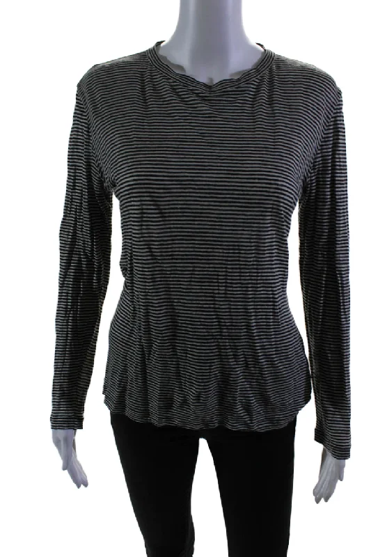 Brunello Cucinelli Womens Long Sleeve Crew Neck Striped Shirt White Black Medium