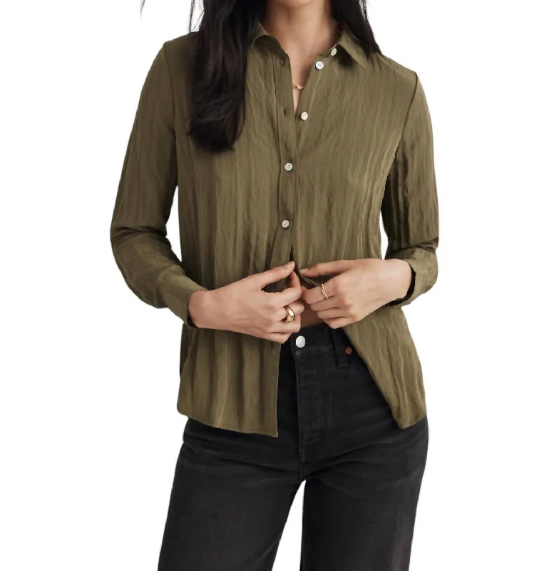 Crinkled Button-Up Shirt In Olive