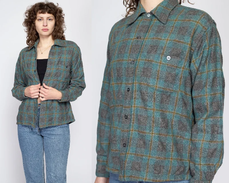 Large 70s Teal Green Plaid Wool Overshirt