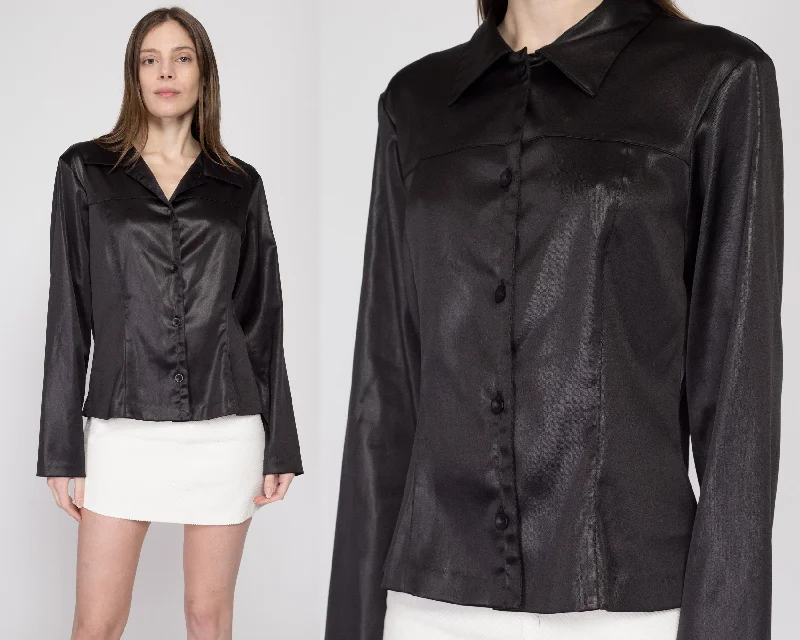 Large 80s Black Wet Look Collared Shirt