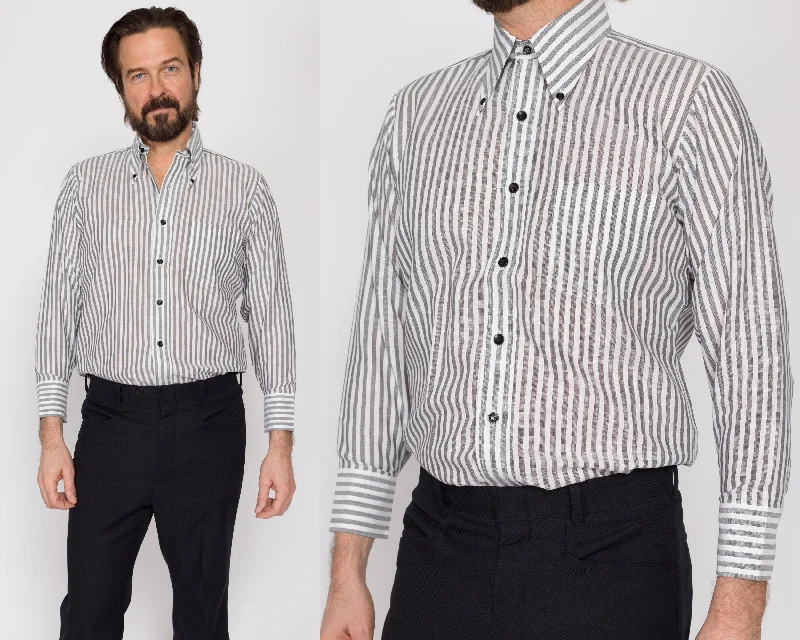 Medium 70s Grey & White Striped Collared Shirt