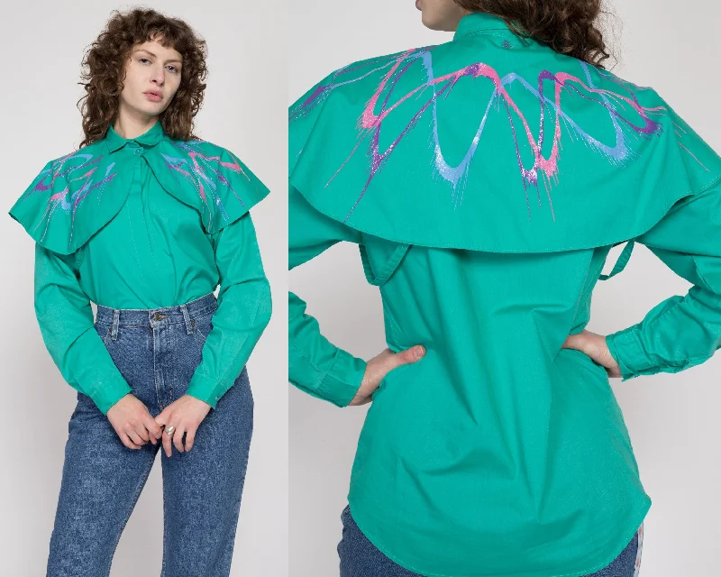 Medium 80s Teal Cameo Rose Western Capelet Shirt