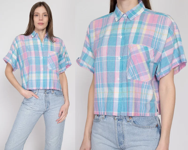 Medium 90s Pastel Plaid Button Up Cotton Shirt