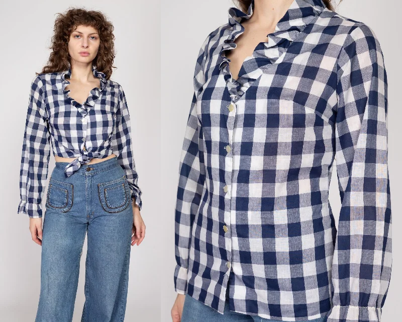 Sm-Med 70s Navy Blue Gingham Ruffle Collar Shirt