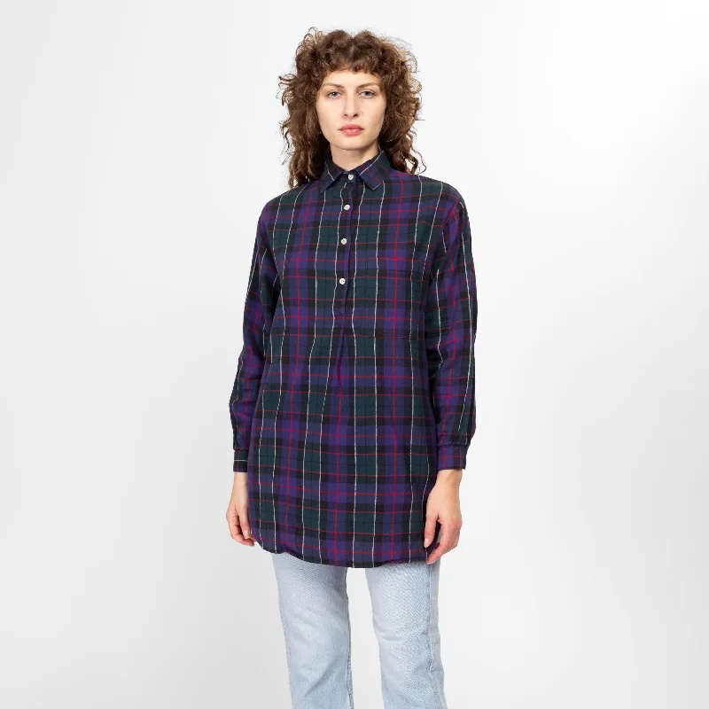 Small 80s Purple & Green Plaid Cotton Flannel Pajama Shirt