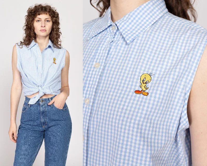 XL Y2K Tweety Bird Blue Gingham Sleeveless Shirt