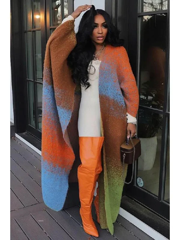 Contrast Color Knitting Long Coats Shawl