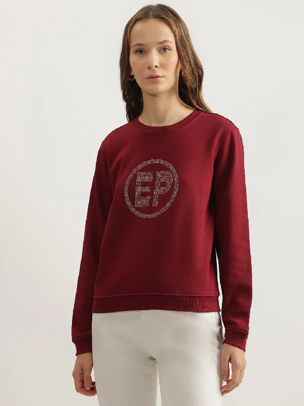 Elle Women Maroon Solid Round Neck Full Sleeves Pullover Style Sweatshirt