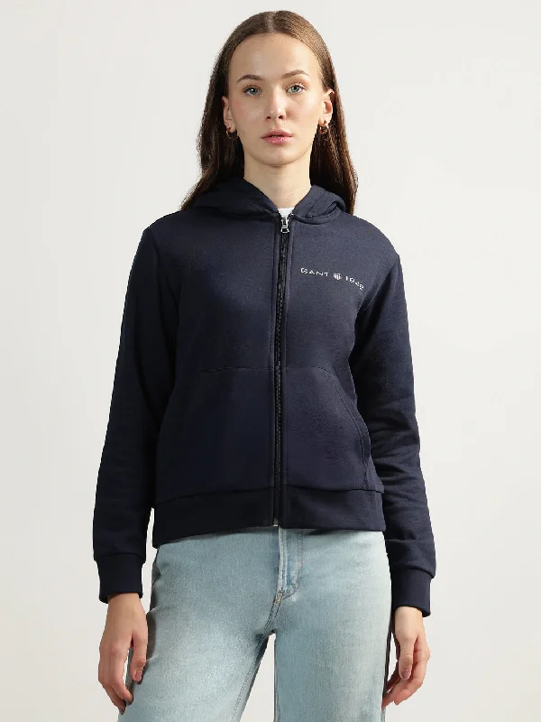 Gant Women Blue Solid Hooded Full Sleeves Front-open Sweatshirt