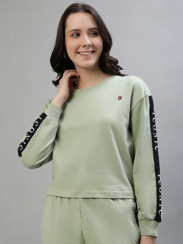 Iconic Women Green Solid Round Neck Full Sleeves Sweatshirt