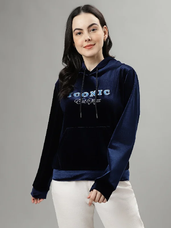 Iconic Women Navy Blue Solid Hooded Long Sleeves Sweatshirts