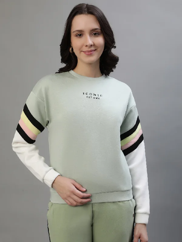 Iconic Women Green Colorblocked Round Neck Full Sleeves Sweatshirt